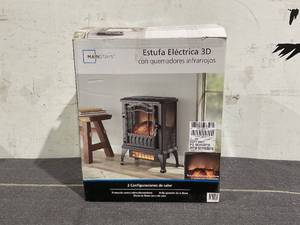 lot 201 image: Mainstays 2-Setting 3D Electric Stove Heater with Life-like Flame, Black