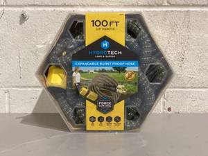 lot 577 image: HydroTech 100 ft Expandable Garden Hose - Burst Proof & Lightweight, Flexible Water Hose with Durable Reinforced Latex Core & Solid Brass Fittings for Lawn, Garden, Car Washing