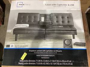 lot 658 image: Mainstays Memory Foam Futon with Cupholder and USB, Black Faux Leather
