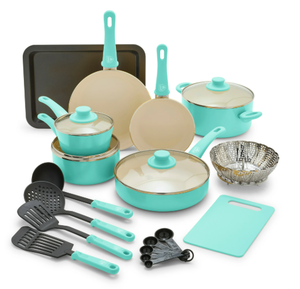 lot 440 image: GreenLife 15-Piece Soft Grip Toxin-Free Healthy Ceramic Non-Stick Cookware Set, Turquoise, Dishwasher Safe