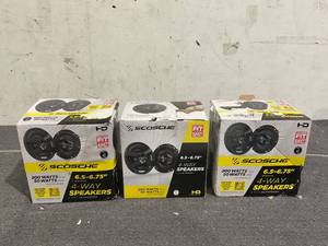 lot 223 image: LOT OF 3 Scosche HD6504A-WM1SD 6.5 Multi-Fit HD Coaxial 4-Way 200 Watt Peak Car Stereo Speakers