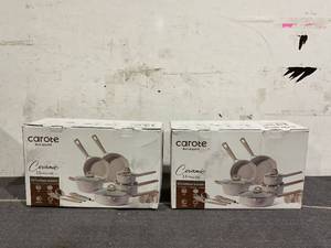 lot 339 image: LOT OF 2 Carote Ceramic Pans and Pots Set, 13 Piece Industion Kitchen Non-Stick Cookware Sets Taupe