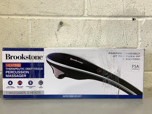 lot 595 image: Brookstone Handheld Percussion Body Massager, 4 Vibration Modes, 5 Interchangeable Heads, Black