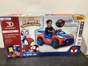 lot 75 image: 6V Spider-Man Super Car, Battery Powered Ride-on with Lights and Sounds, by Dynacraft