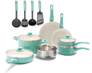 lot 34 image: 15PCS GreenLife Soft Grip Healthy Ceramic Nonstick, Cookware Pots and Pans Set