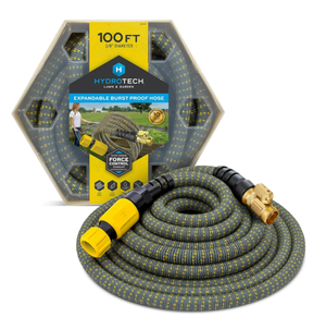 lot 576 image: HydroTech 100 ft Expandable Garden Hose - Burst Proof & Lightweight, Flexible Water Hose with Durable Reinforced Latex Core & Solid Brass Fittings for Lawn, Garden, Car Washing