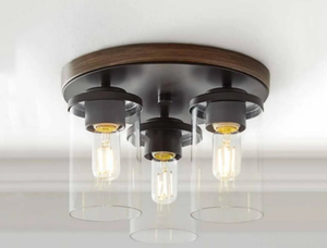 lot 584 image: Better Homes & Gardens 12 Farmhouse 3-Light Walnut Flush Mount Ceiling Light, Clear Glass Shades