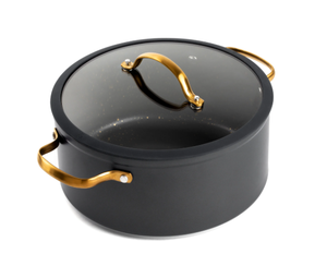 lot 287 image: Thyme & Table Non-Stick 5 QT Signature Stock Pot with Glass Lid, Black & Gold