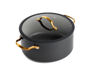 lot 289 image: Thyme & Table Non-Stick 5 QT Signature Stock Pot with Glass Lid, Black & Gold