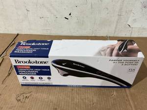 lot 300 image: Brookstone Handheld Percussion Body Massager, 4 Vibration Modes, 5 Interchangeable Heads, Black