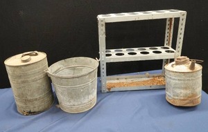 lot 34 image: 3 TIN BUCKETSCANS  METAL SHELF