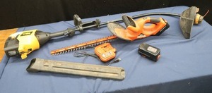 lot 72 image: BLACK DECKER HEDGE TRIMMER, WEED WHIPPER, 2 BATTERIES PLUS CHARGER FOR TRIMMER