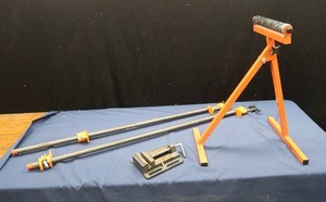 lot 74 image: COLUMBIAN VICE, LONG HEAVY DUTY CLAMPS, A STAND FOR WOOD WORKING