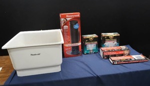 lot 77 image: 2 NEW MOTION SENSOR LIGHTS, SINK, NEW HONEYWELL HEATER, TOWEL RACK, UTILITY TRAYS