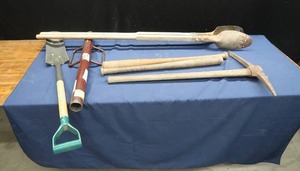 lot 90 image: VINTAGE PICKAXE, A POST POUNDER, POST HOLE DIGGER, 2 WOODEN BATS, AND A SHOVEL