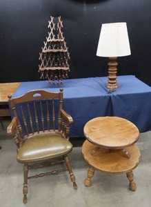lot 97 image: SIDE TABLE, DARK WOOD CHAIR, LAMP, AND A CORNER SHELF
