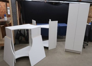lot 99 image: WHITE CABNET AND WHITE CORNER SHELF, MATCHING SET
