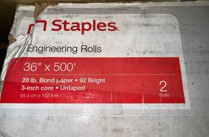 lot 79 image: Staples Box of 2 36x500 Engineering Rolls 20lb Bond Paper 92 Bright