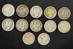 lot 29 image: 12 Mercury Dimes of Various Years 1917 (Strike by Year), 1920, 1924, 1926, 1935, 1938, 1940, 1941, 1943, 1943, 1944, and 1945