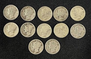 lot 30 image: 12 Mercury Dimes of Various Years 1917, 1927, 1928, 1934, 1936, 1940, 1940, 1943, 1943, 1943, 1943, and 1945