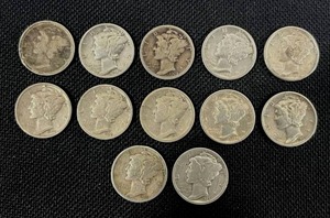 lot 31 image: 12 Mercury Dimes of Various Years 1917, 1920, 1923, 1930, 1935, 1935, 1940, 1942, 1943, 1943, 1945, and 1945