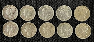 lot 32 image: Ten Mercury Dimes of Various Years 1919, 1926, 1942, 1942, 1942, 1942, 1943, 1944, 1944, and 1945