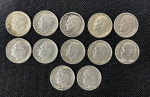 lot 34 image: 12 Pre-1964 Roosevelt Dimes 1946, 1948, 1952, 1956, 1958, 1962, 1962, 1963, 1963, 1964, 1964, and 1964