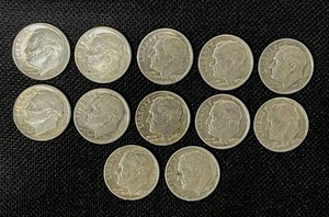 lot 35 image: 12 Pre-1964 Roosevelt Dimes 1946, 1950, 1952, 1953, 1954, 1956, 1957, 1957, 1958, 1962, 1962, and 1963