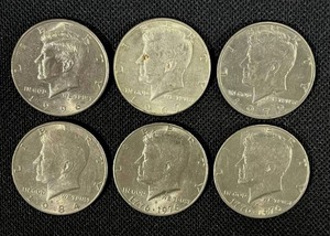lot 39 image: Six Kennedy Half Dollars 1967, 1972, 1976, 1976, 1984, and 1996