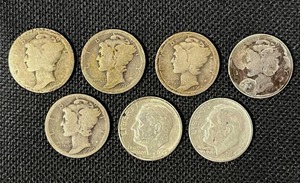 lot 42 image: Seven Pre-1964 Dimes (5 Mercury and 2 Roosevelts) of Various Dates