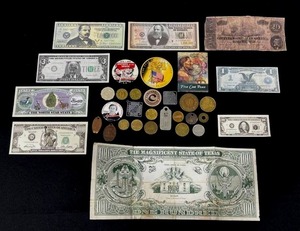 lot 70 image: Batch of Unusual Fake or Funny Bills and Miscellaneous Tokens