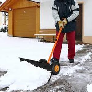 lot 37 image: Outsunny 15.75 in. Metal Angle-Adjustable Handle Steel Heavy-Duty Snow Shovel Rolling Pusher w29 in. Blade, 10 in. Wheels Orange  Customer Returns See Pictures