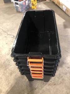 lot 22 image: Lot of IRIS 82 Qt.21 Gal. Heavy-duty Stackable Storage Tote in Black with Orange Lid - Set of 3 ( Lids Not Included ) Customer Returns See Pictures