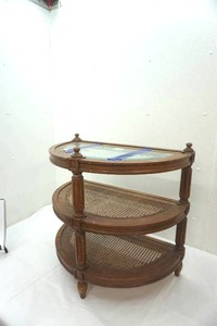 lot 42 image: 3 black folding chairs and half-moon shaped 3-tiered table