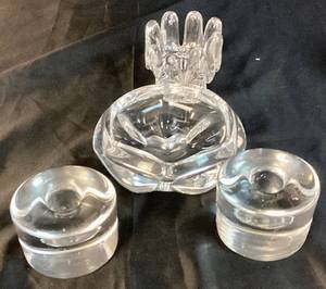 lot 47 image: Orrefors Sweden Crystal Heavy Glass Shallow Bowl - signed, Orrefors Signed Round Lead Crystal Candlestick Holders and Vintage Kosta Boda Clear Glass Candle Holder