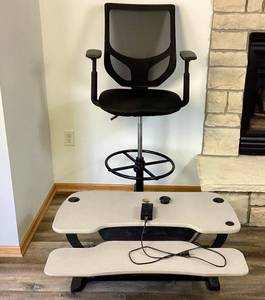 lot 72 image: VersaDesk Power Pro Electric Height Adjustable Standing Desk Converter with Adjustable Height Desk Chair