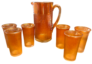 lot 57 image: Vintage Imperial Marigold Glass Juice Pitcher & 6 Tumblers