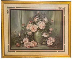 lot 75 image: Vintage Still Life Pink Rose Flowers In Large Gold Frame