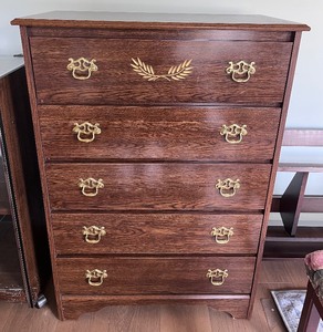 lot 93 image: Five Drawer Dresser With Gold Accent Handles