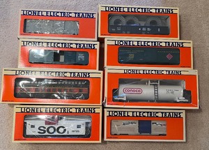 lot 24B image: Eight Lionel Freight Train Cars including Lionel Norfolk Southern Box Car