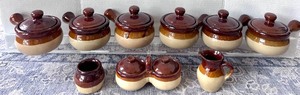 lot 172 image: Vintage Stoneware Pottery Lidded Soup Crocks, Cream & Sugar & Double Condiment Crocks