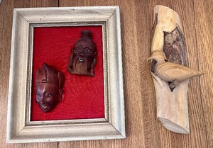 lot 182 image: Vintage Rosewood Carved Asian Faces & Carved Bird
