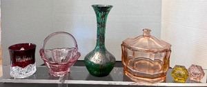 lot 185 image: Antique Art Nouveau Green Silver Overlay Vase & Vintage Colored Glass Items