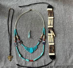 lot 73 image: Two Beaded Necklaces, Fender Guitar Pick Necklace and Sea Glass wrapped Charm