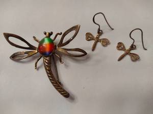 lot 110 image: Dragonfly Brooch & Earrings (Stamped 925)