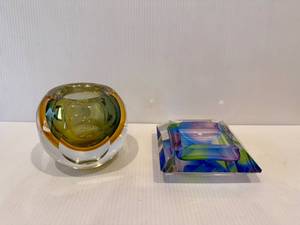 lot 84 image: Vintage Murano Sommerso Green Art Glass Candleholder & more.