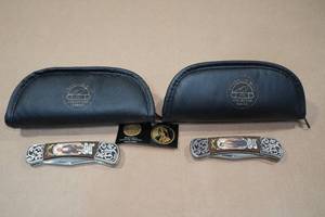 lot 90 image: 2 Franklin Mint Pocket Knives -Jesse James, Billy the Kid