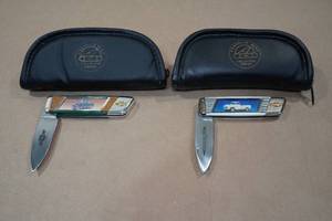 lot 96 image: 2 Franklin Mint Chevy Pocket Knives -1928 Light Duty, 1955 Cameo Carrier