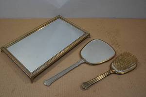 lot 110 image: Vintage Hand Mirror, Hair Brush and Tray Set