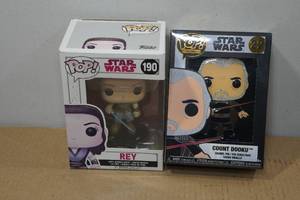 lot 122 image: Funko POP Rey Vinyl Bobble Head and Count Dooku Enamel Pin
